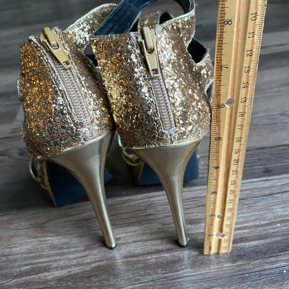 Socialite by: Shoe dazzel sz 8.5‎ gold Y2K platform stilletto glitter heels